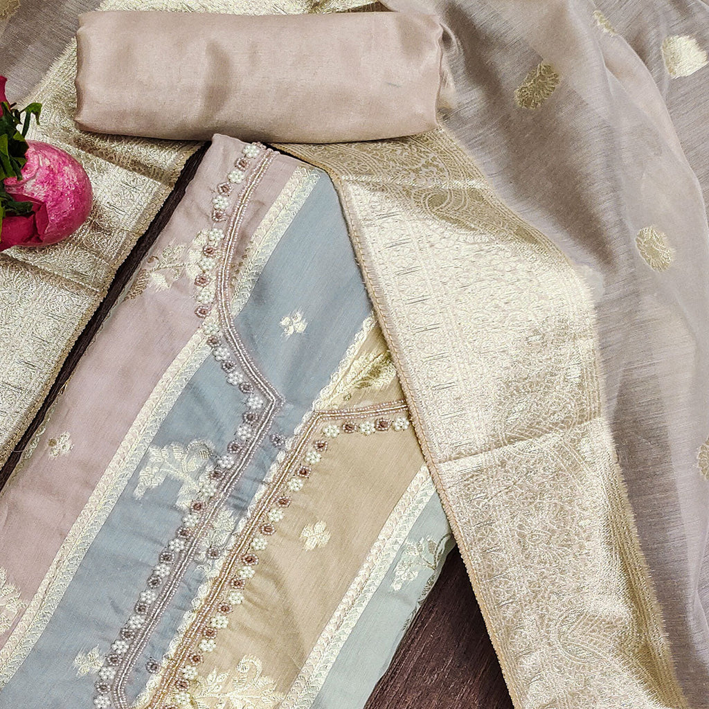 Beige Floral Woven With Hand Embroidered Jacquard Dress Material