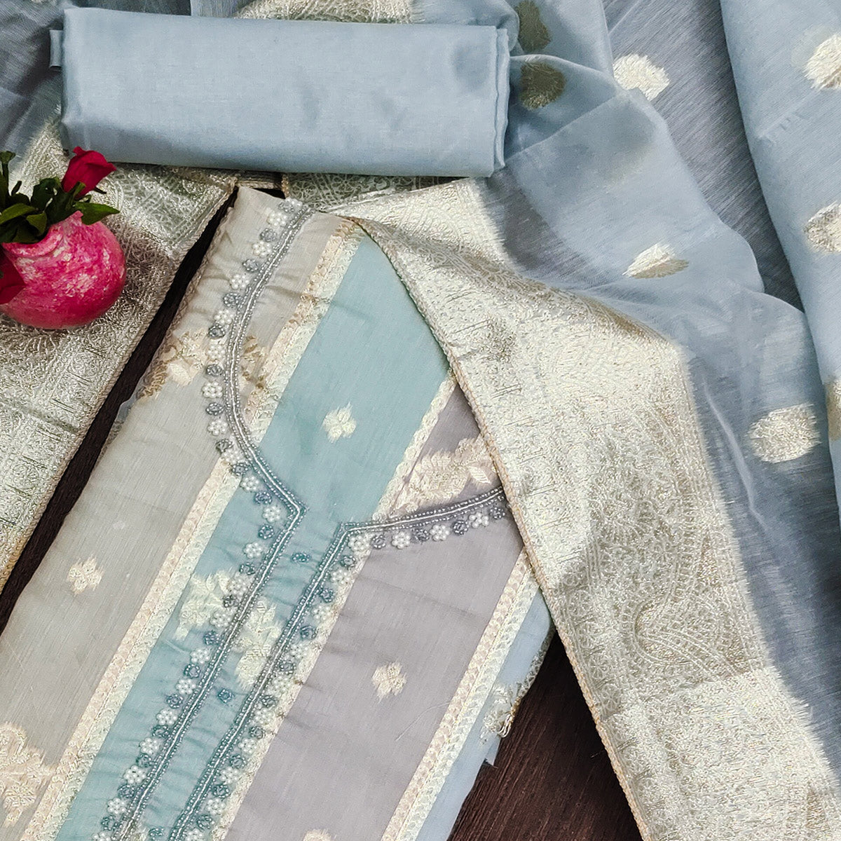 Grey Floral Woven With Hand Embroidered Jacquard Dress Material