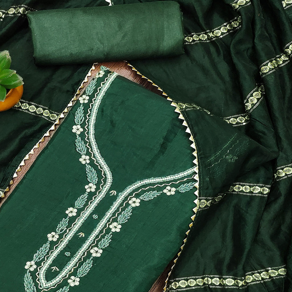 Green Hand Embroidered Cotton Blend Dress Material