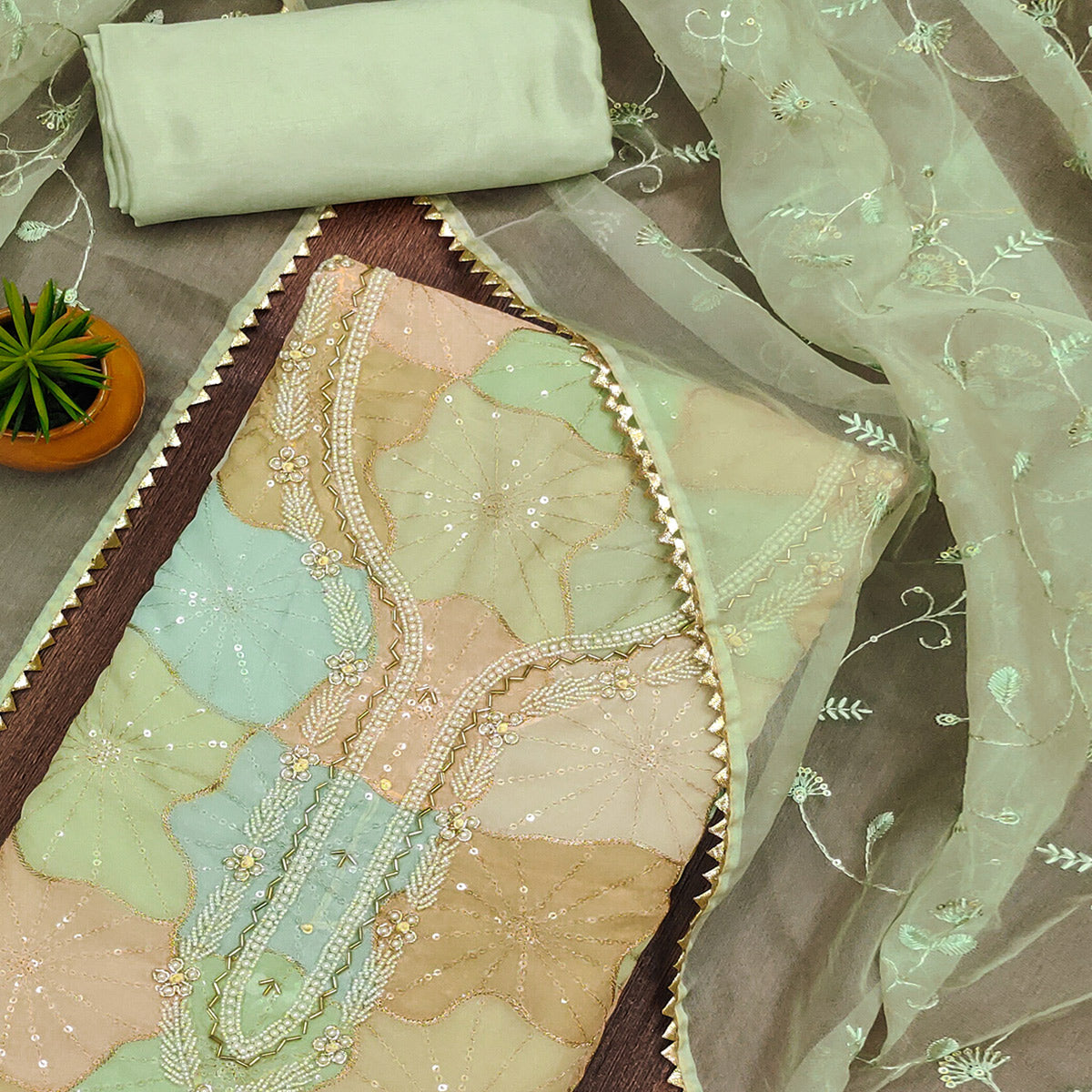 Green Sequin Embroidery With Handwork Organza Dress Material