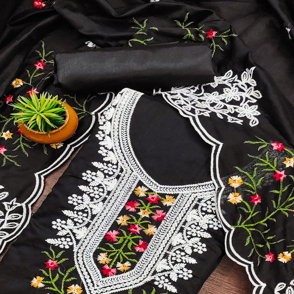 Black Chanderi Cotton Dress Material With Elegant Floral Sequin Embroidery