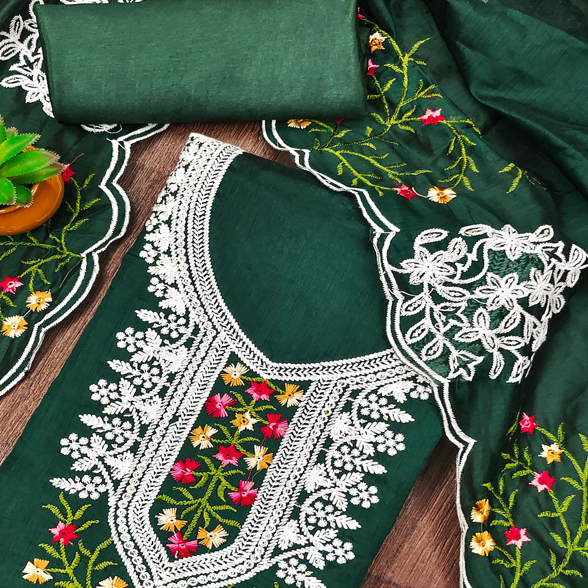 Green Floral Sequins Embroidered Chanderi Cotton Dress Material