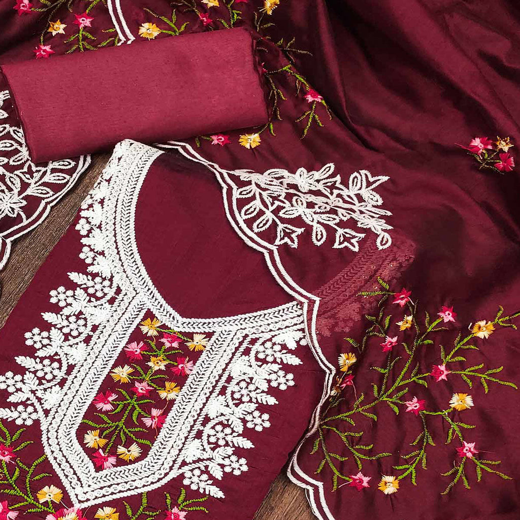 Maroon Floral Sequins Embroidered Chanderi Cotton Dress Material