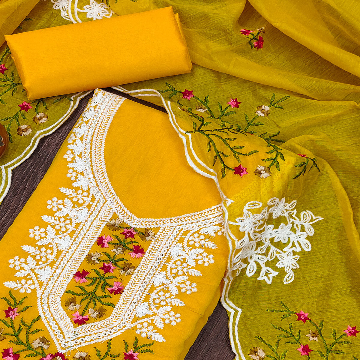 Mustard Floral Sequins Embroidered Chanderi Cotton Dress Material