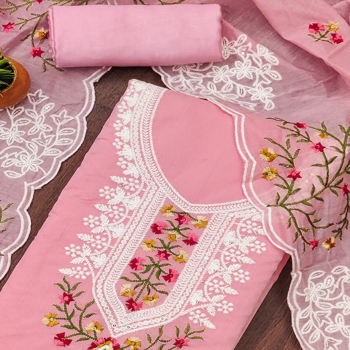 Pink Chanderi Cotton Dress Material With Elegant Floral Sequin Embroidery