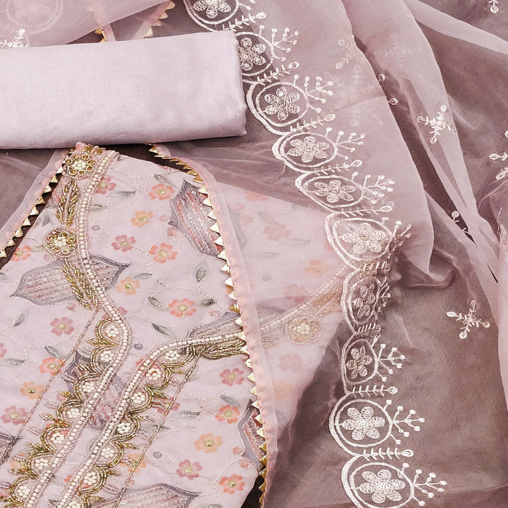 Light Pink Floral Embroidered With Handwork Organza Dress Material