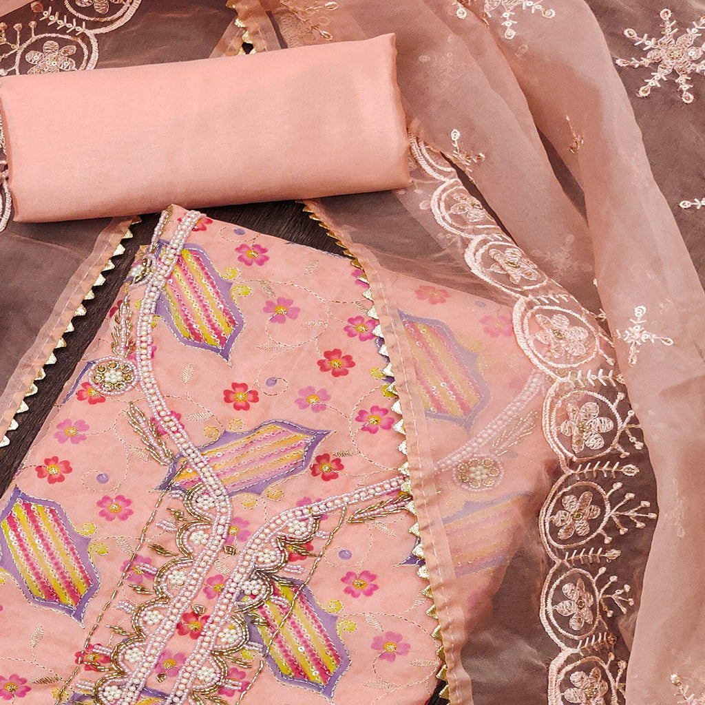 Peach Floral Embroidered With Handwork Organza Dress Material