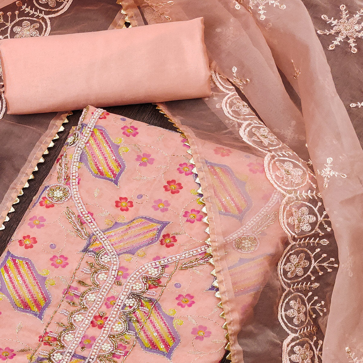 Peach Floral Embroidered With Handwork Organza Dress Material