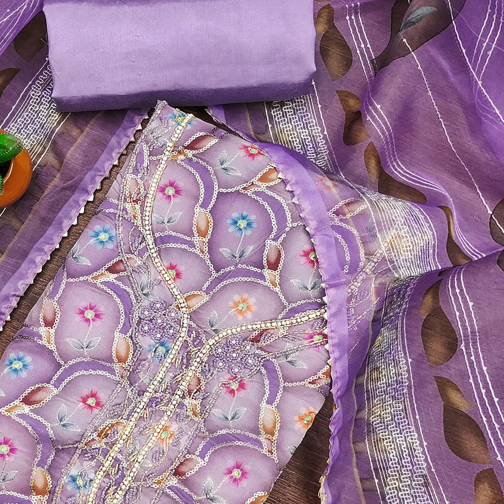 Lavender Floral Printed Organza Dress Material With Sequins Embroidery & Handwork