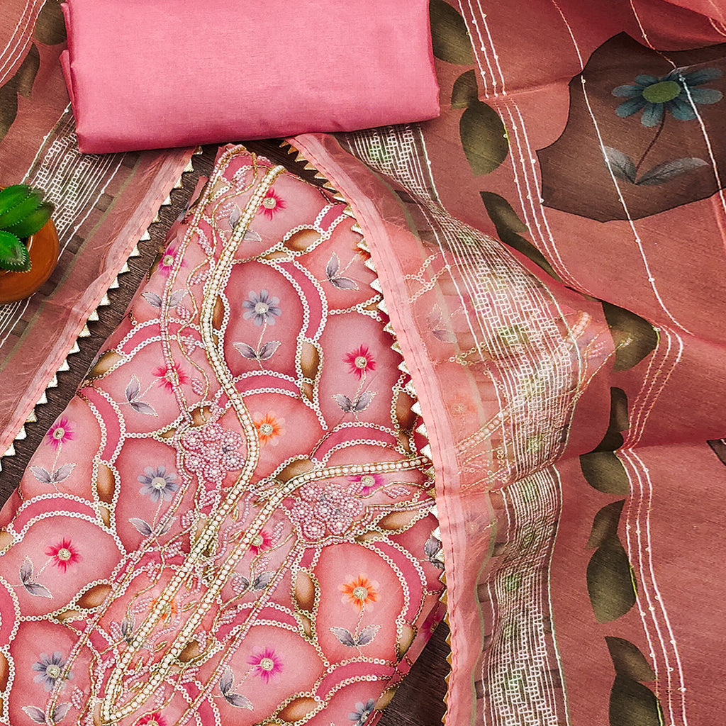 Pink Floral Printed Organza Dress Material With Sequins Embroidery & Handwork