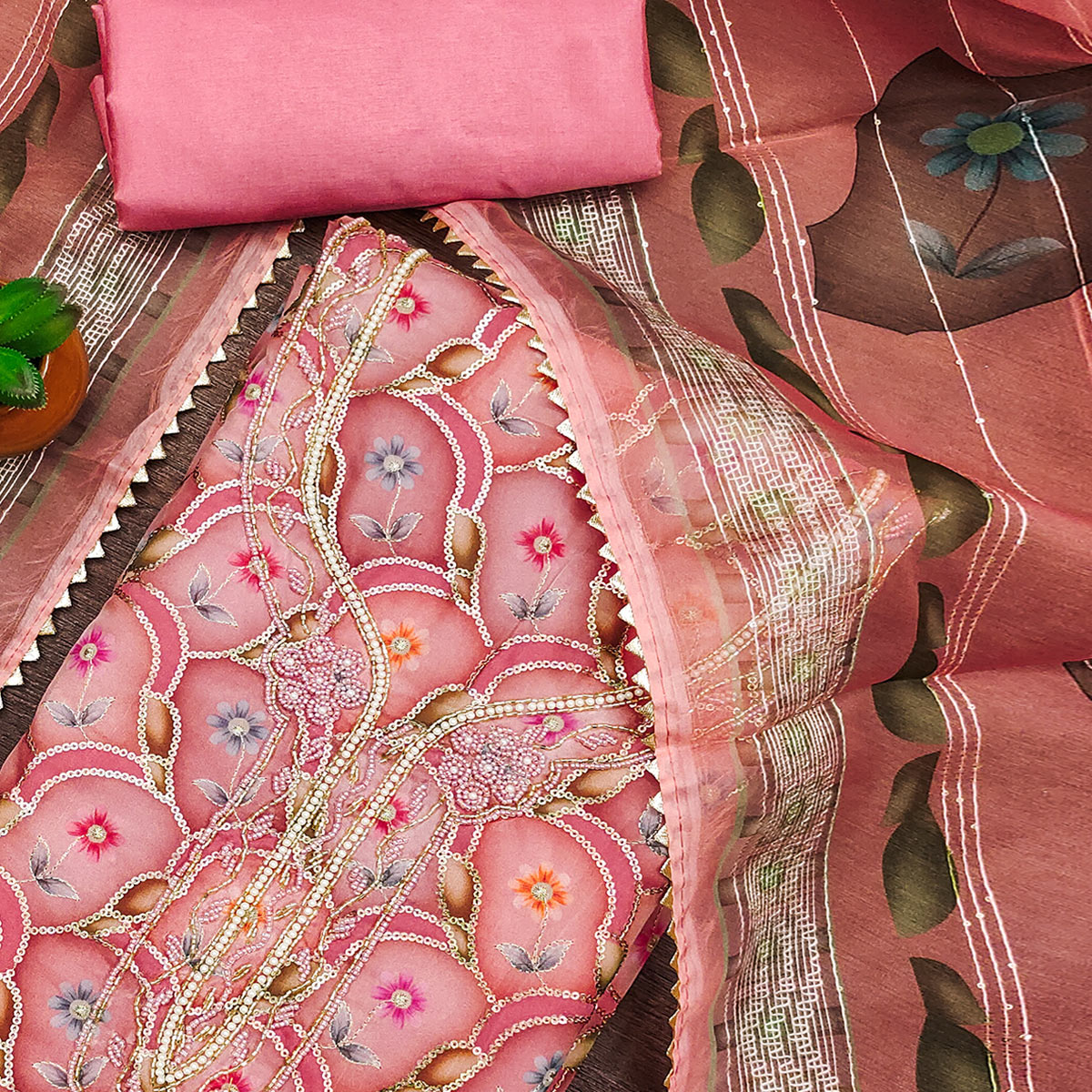 Pink Floral Printed Organza Dress Material With Sequins Embroidery & Handwork