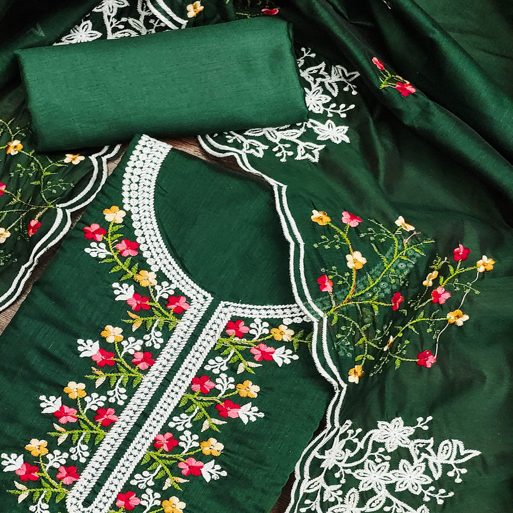 Green Floral Embroidered Chanderi Cotton Dress Material