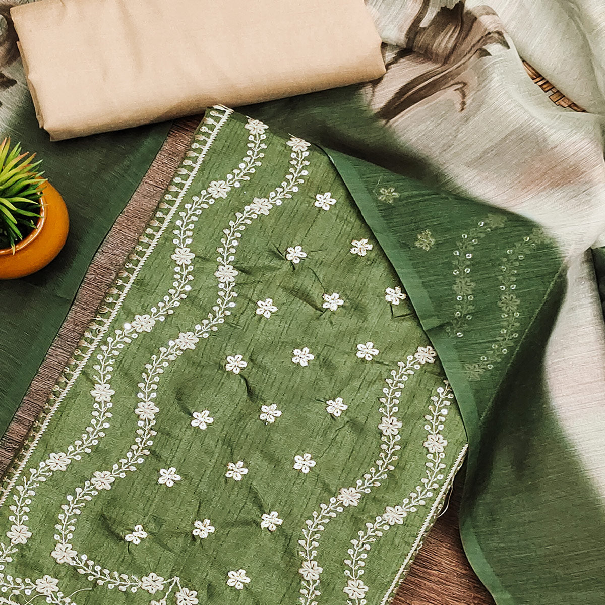 Green Floral Sequins Embroidered Cotton Blend Dress Material