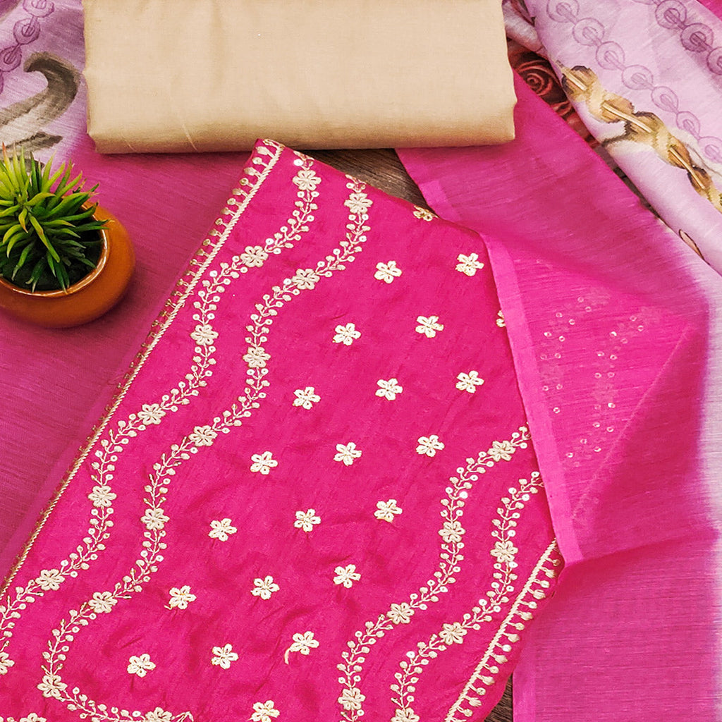 Pink Floral Sequins Embroidered Cotton Blend Dress Material