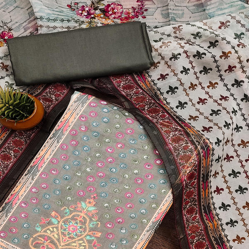 Grey Floral Digital Printed With Diamond Work Organza Dress Material