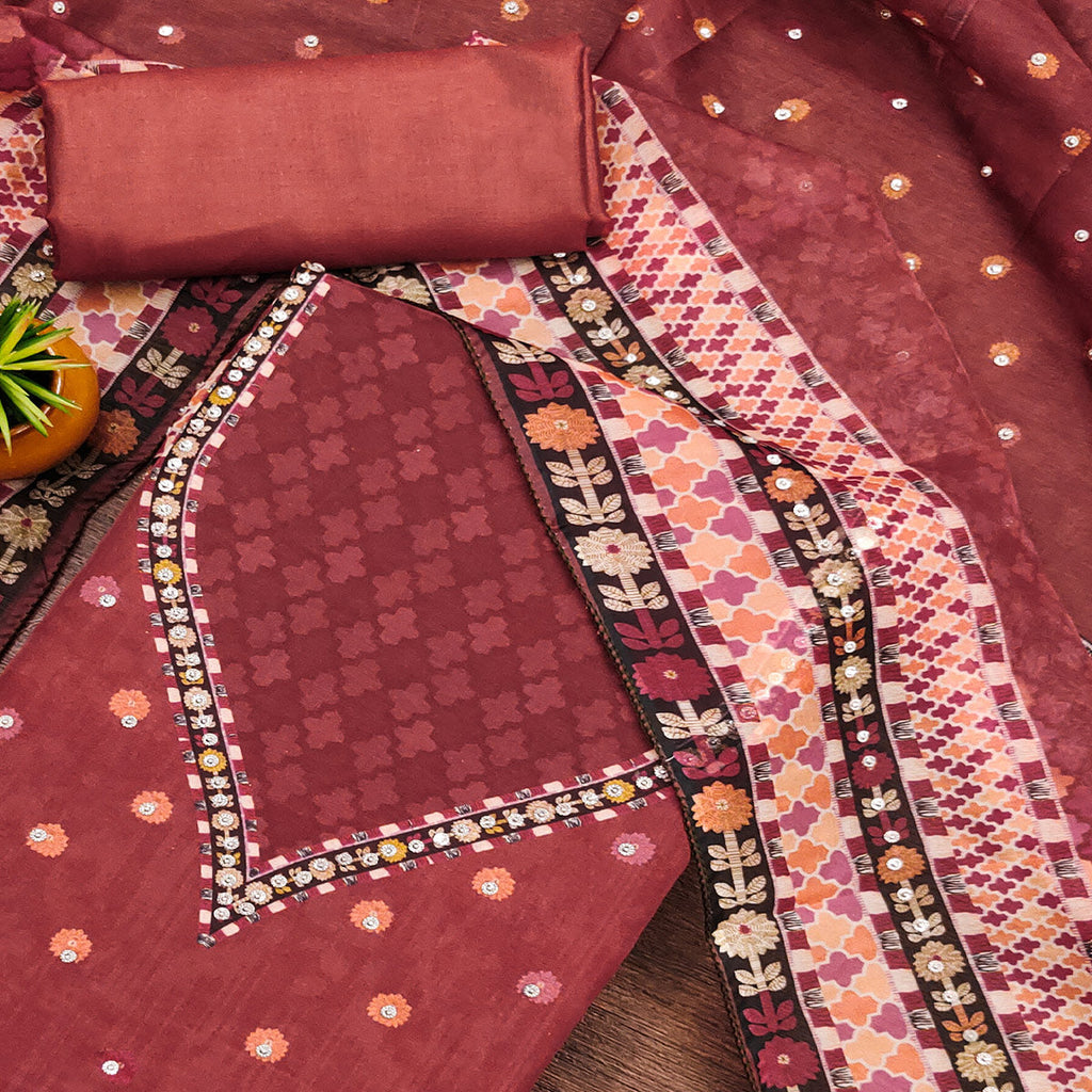 Maroon Floral Digital Printed With Diamond Work Organza Dress Material