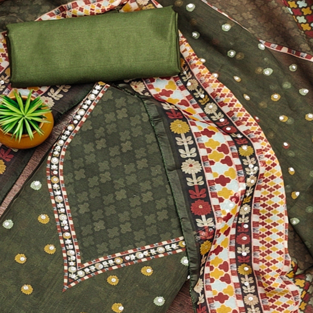 Mehendi Green Floral Digital Printed With Diamond Work Organza Dress Material