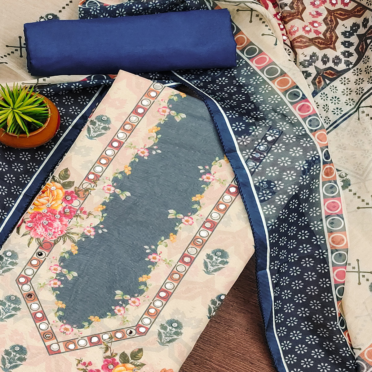 Blue Floral Digital Print With Diamond & Mirror Work Organza Dress Material