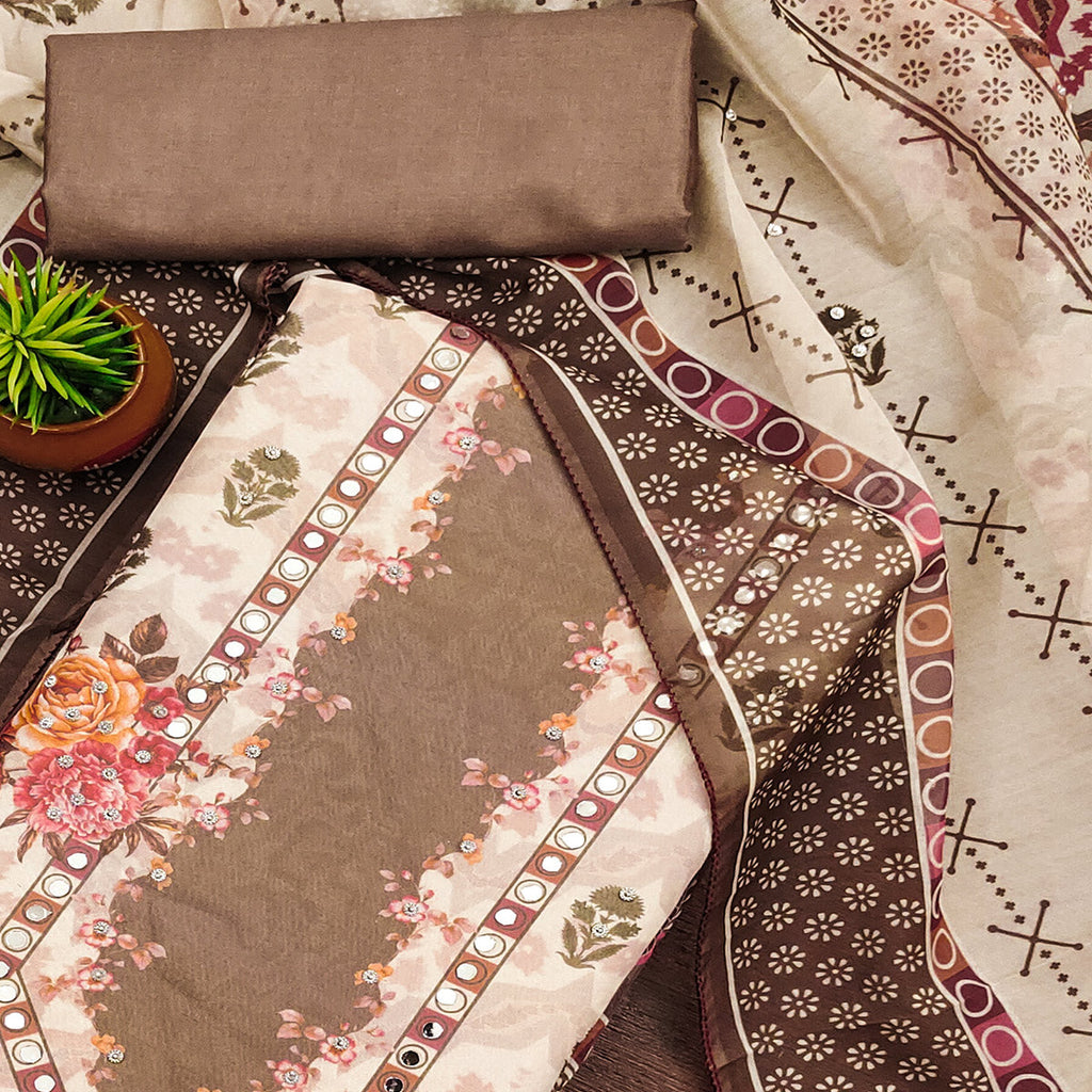 Brown Floral Digital Print With Diamond & Mirror Work Organza Dress Material