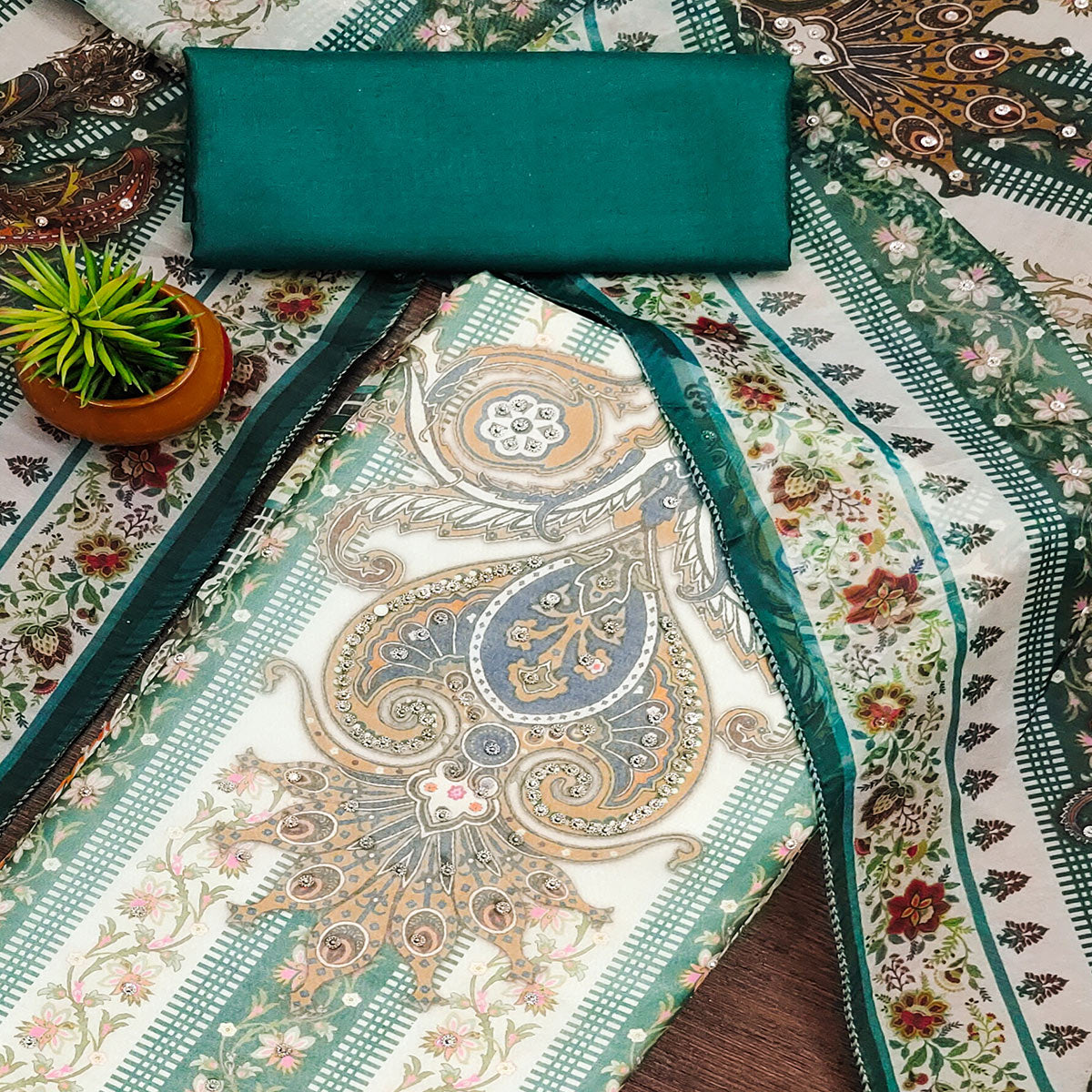 Green Floral Digital Printed With Diamond Work Organza Dress Material