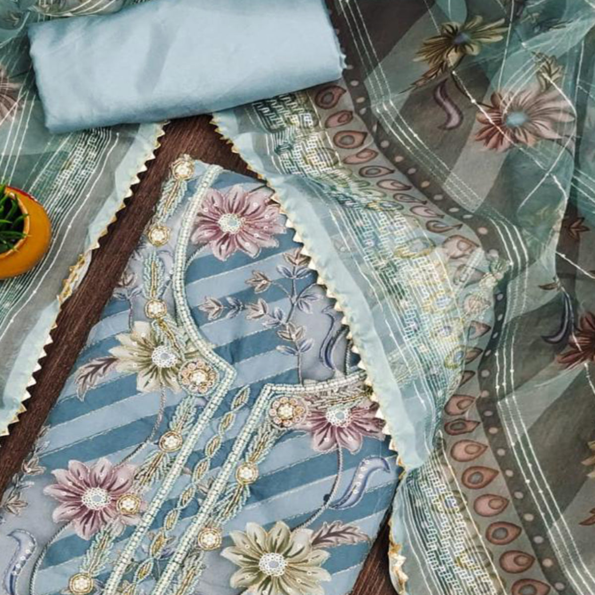 Blue Floral Sequins Embroidered Organza Dress Material With Exquisite Handwork