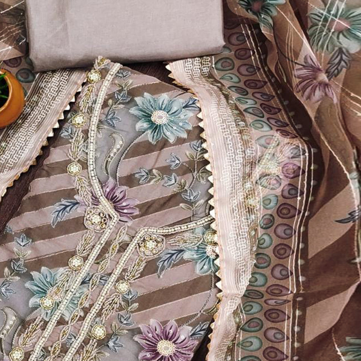 Brown Floral Sequins Embroidered Organza Dress Material With Exquisite Handwork