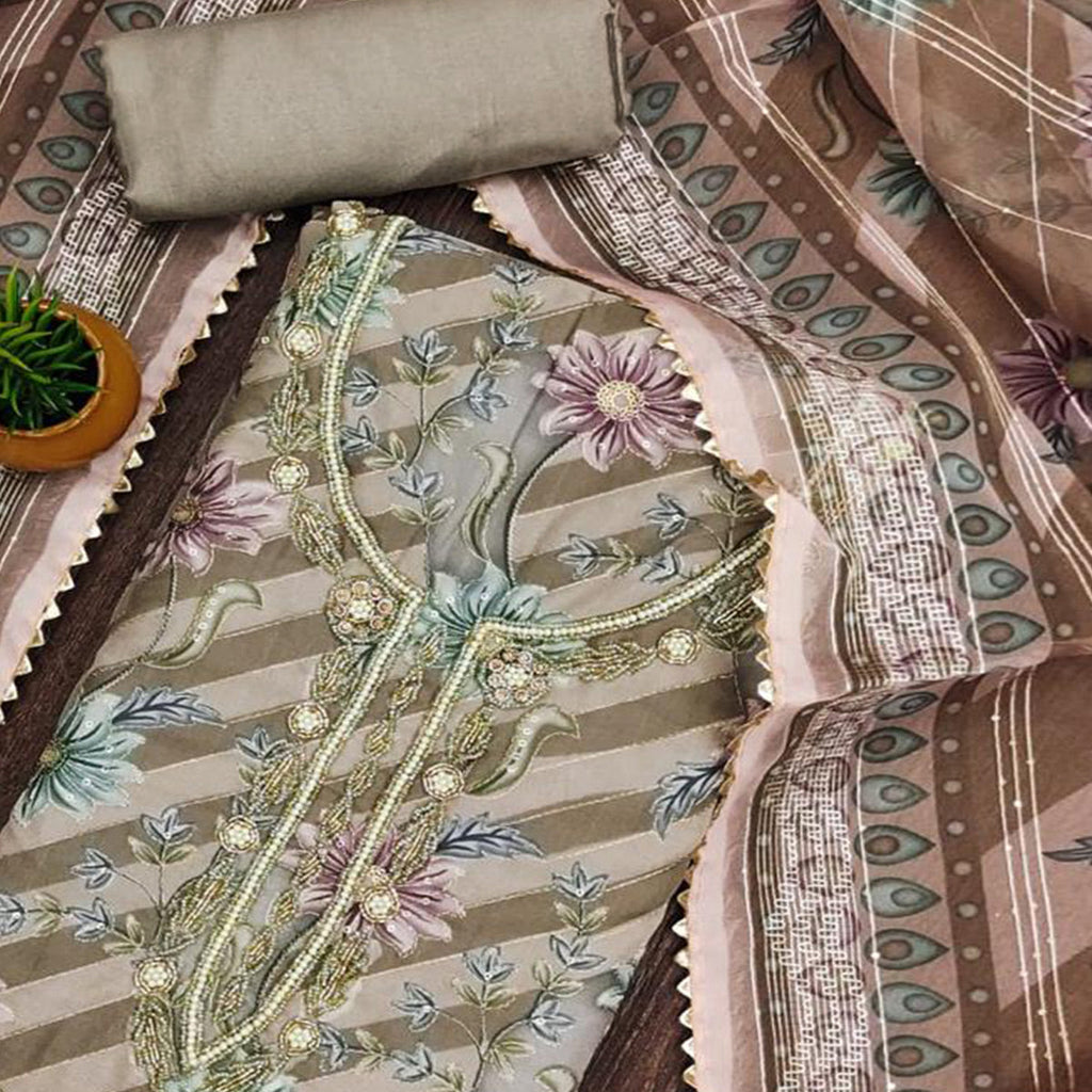 Green Floral Sequins Embroidered Organza Dress Material With Exquisite Handwork