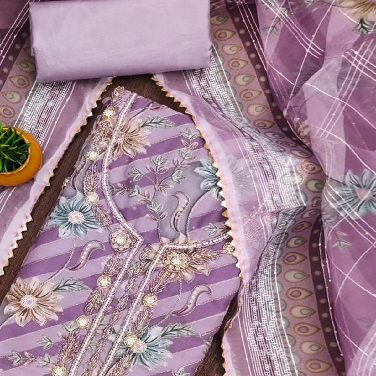 Lavender Floral Sequins Embroidered Organza Dress Material With Exquisite Handwork