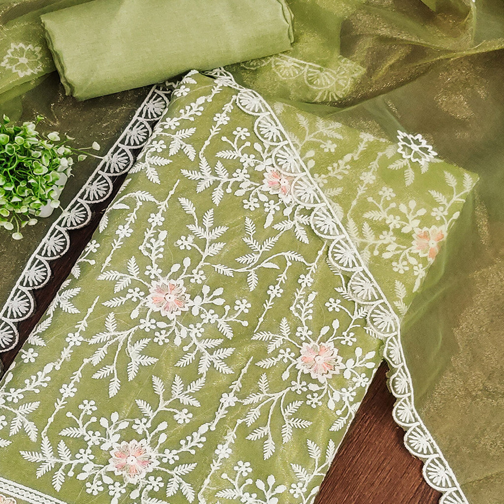 Graceful Green Organza Dress Material Adorned with Intricate Floral Embroidery