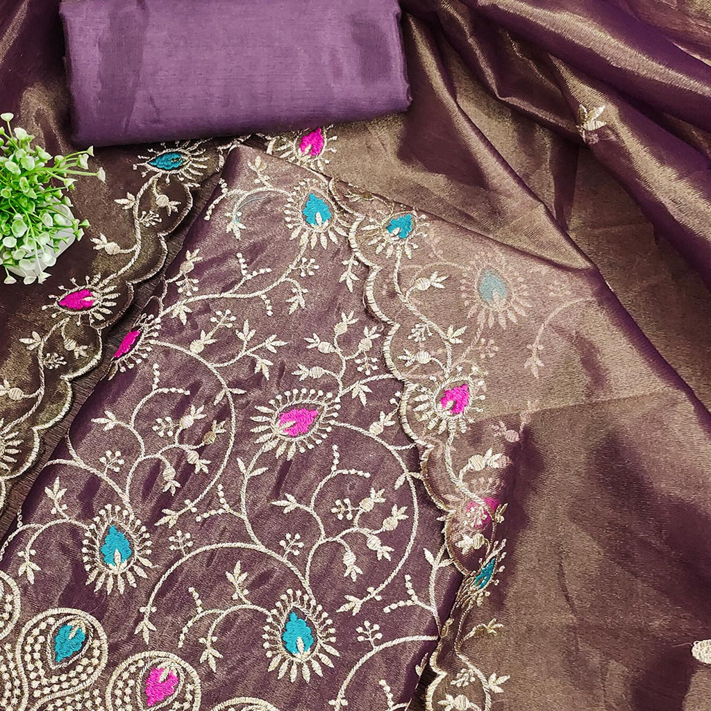 Charming Wine Organza Dress Material with Exquisite Floral Thread & Zari Embroidery