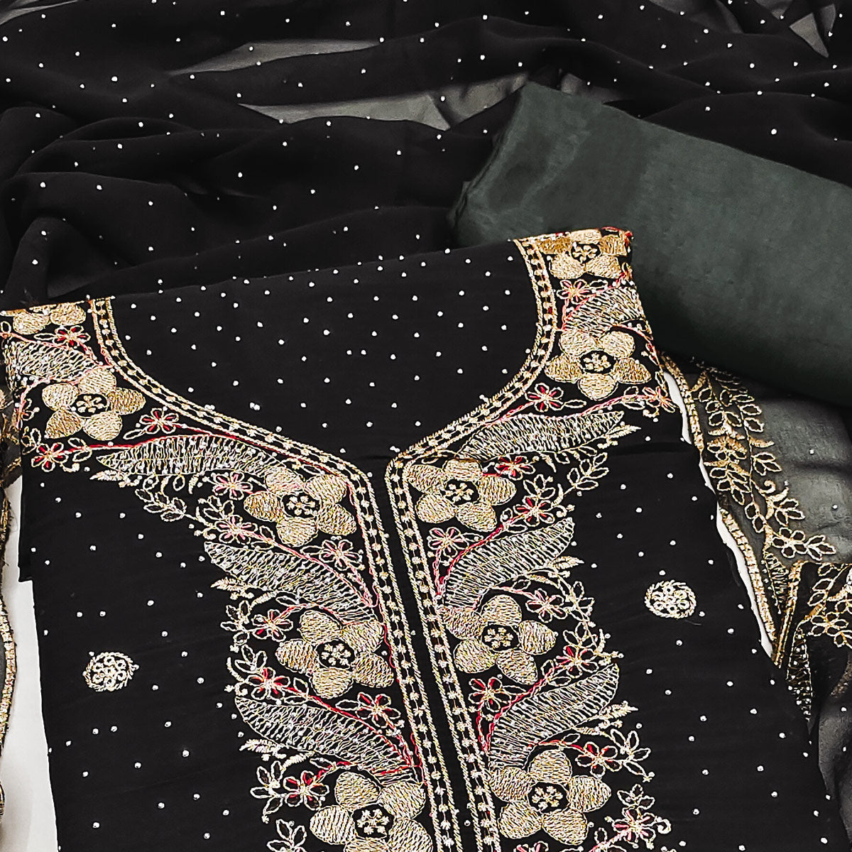 Black Georgette Dress Material With Luxurious Floral Zari Embroidery & Stonework