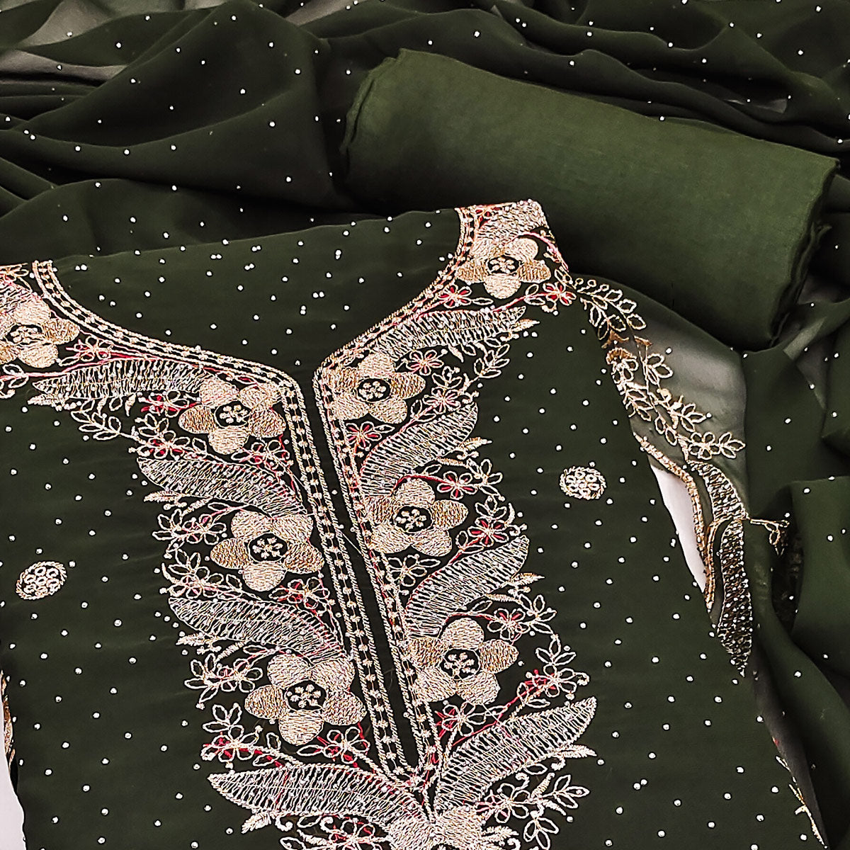 Mehendi Green Georgette Dress Material With Luxurious Floral Zari Embroidery & Stonework