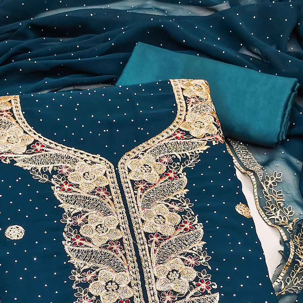 Morpich Blue Georgette Dress Material With Luxurious Floral Zari Embroidery & Stonework