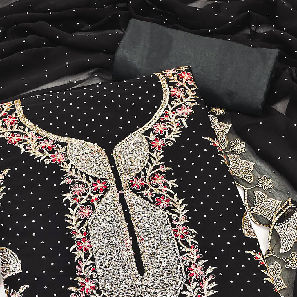 Black Georgette Dress Material With Exquisite Floral Embroidery And Stonework