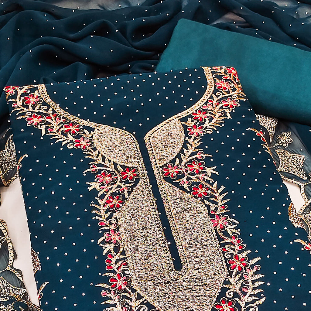 Morpich Blue Georgette Dress Material With Exquisite Floral Embroidery And Stonework