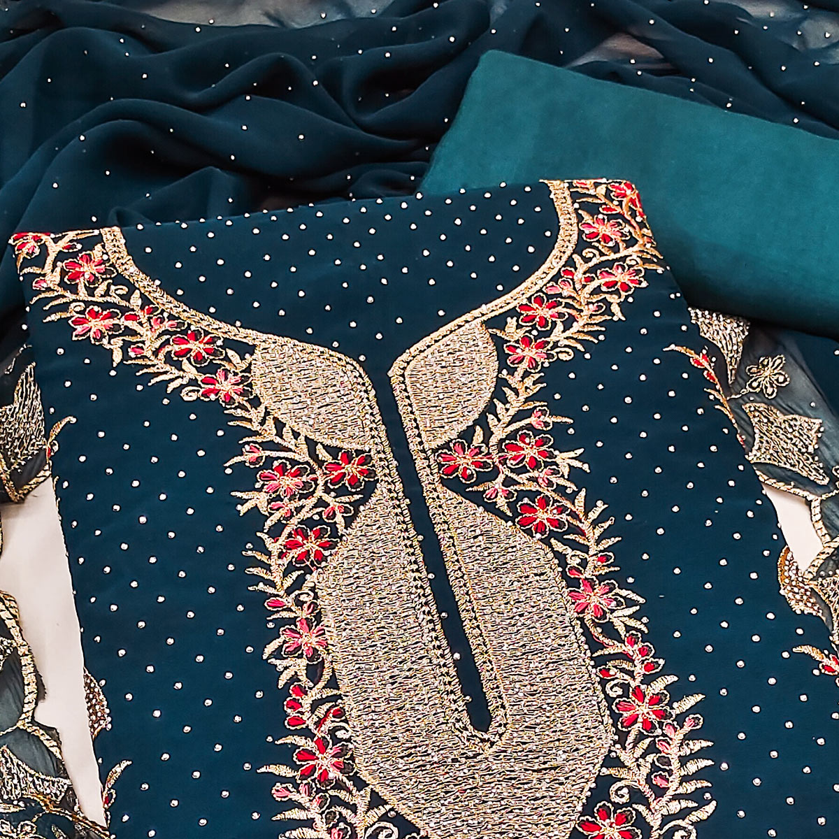 Morpich Blue Georgette Dress Material With Exquisite Floral Embroidery And Stonework
