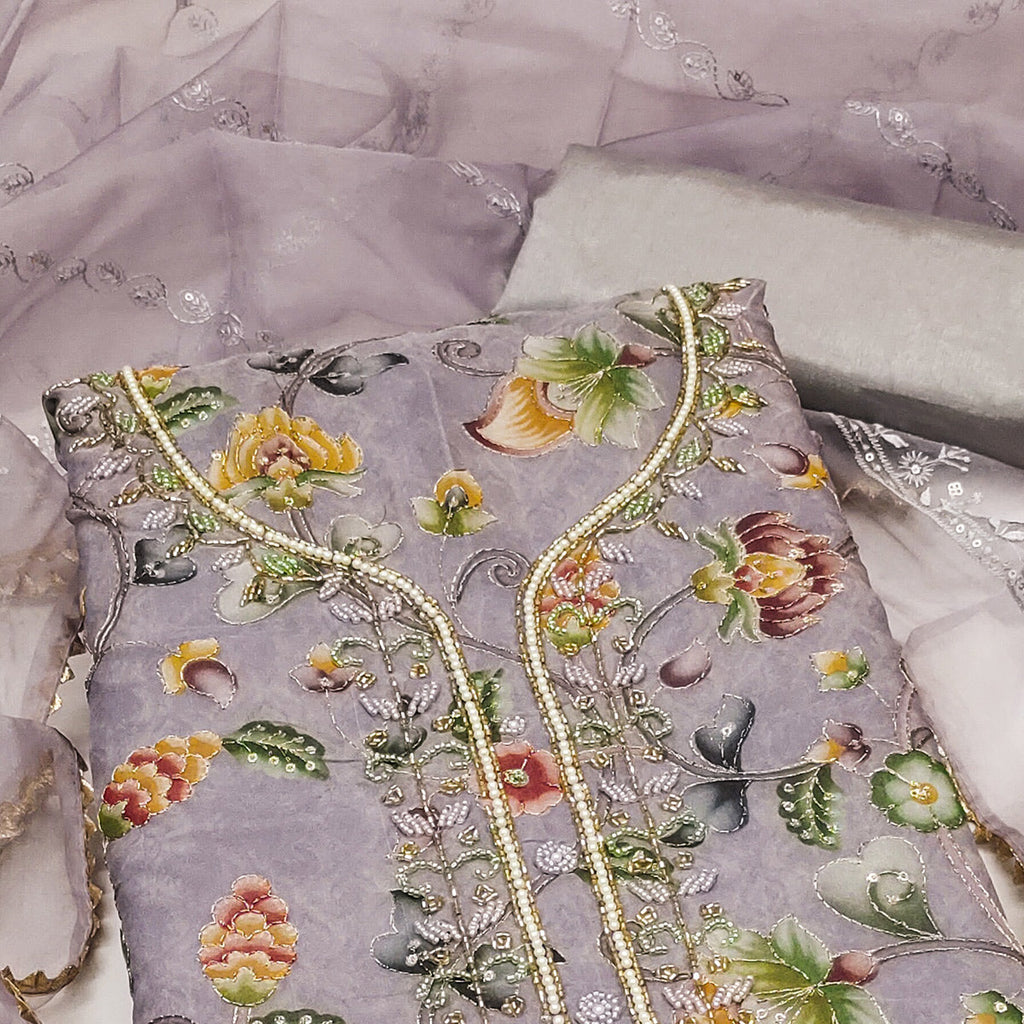 Light Lavender Organza Dress Material With Graceful Floral Print With Handwork Detailing