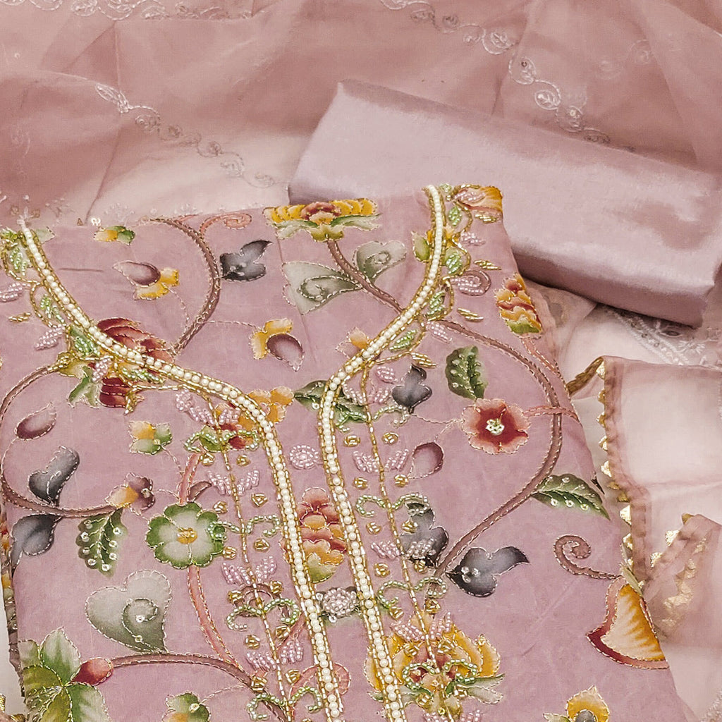 Pink Organza Dress Material With Graceful Floral Print With Handwork Detailing