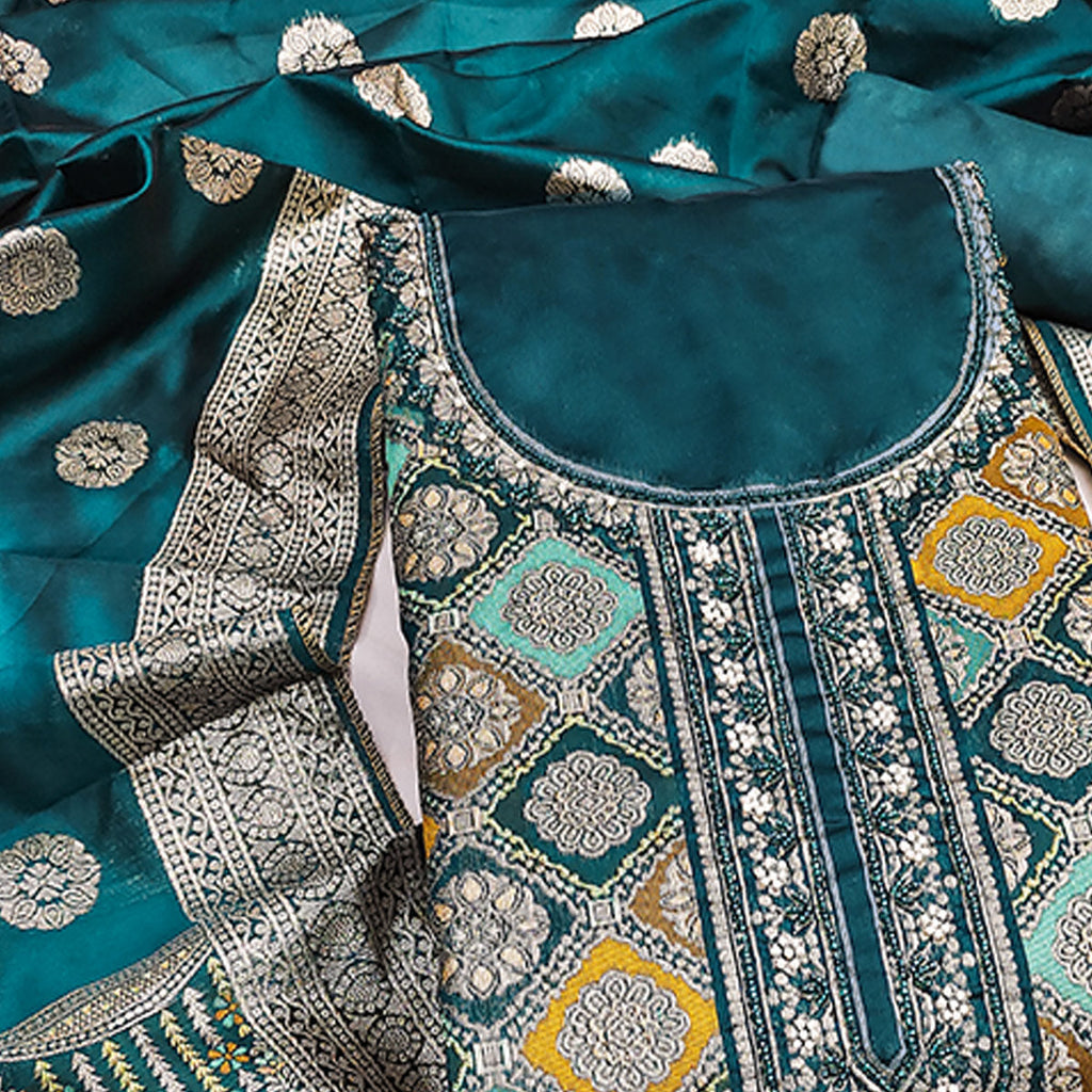 Dark Teal Unstitched Dress Material in Zari Woven Jacquard