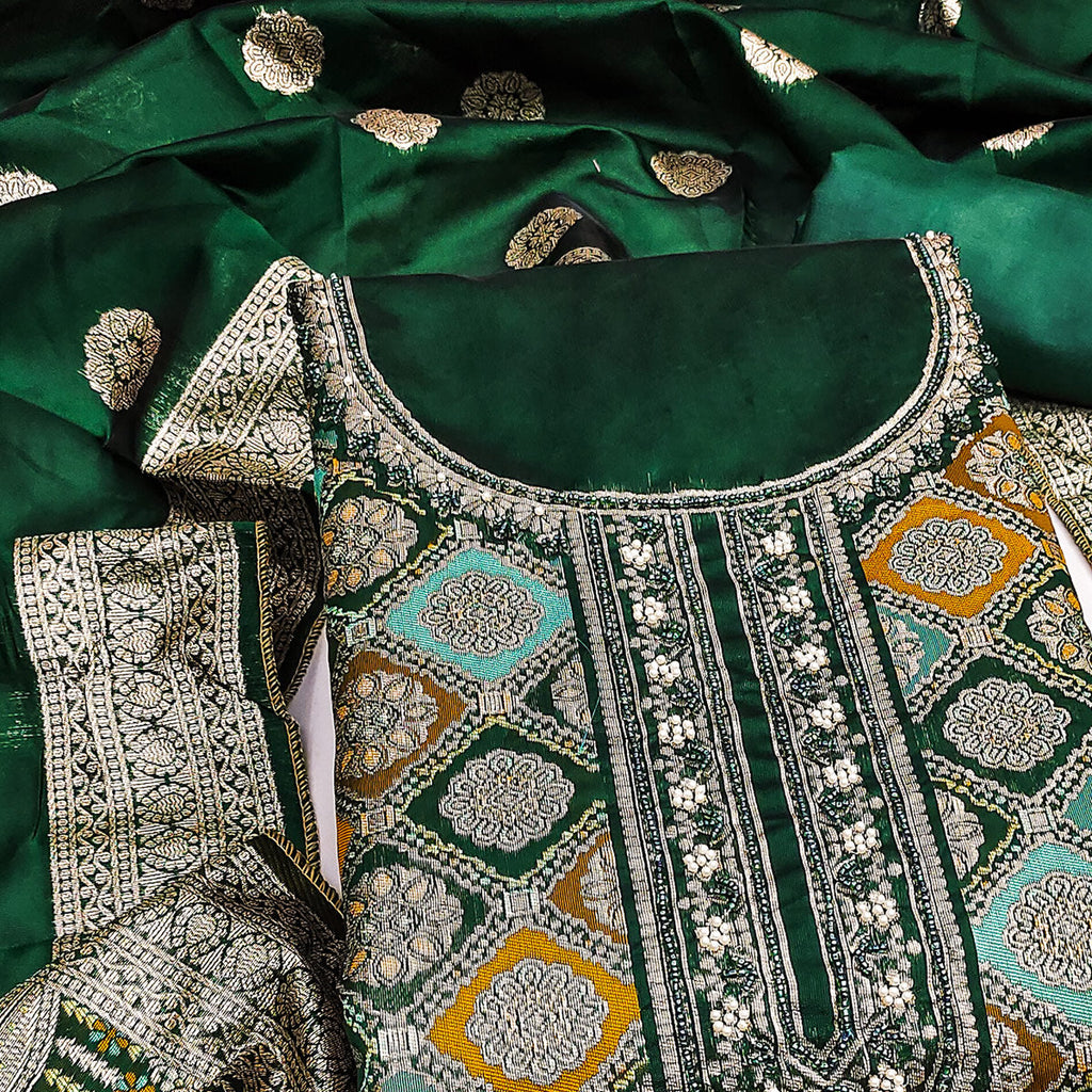 Green Unstitched Dress Material in Zari Woven Jacquard