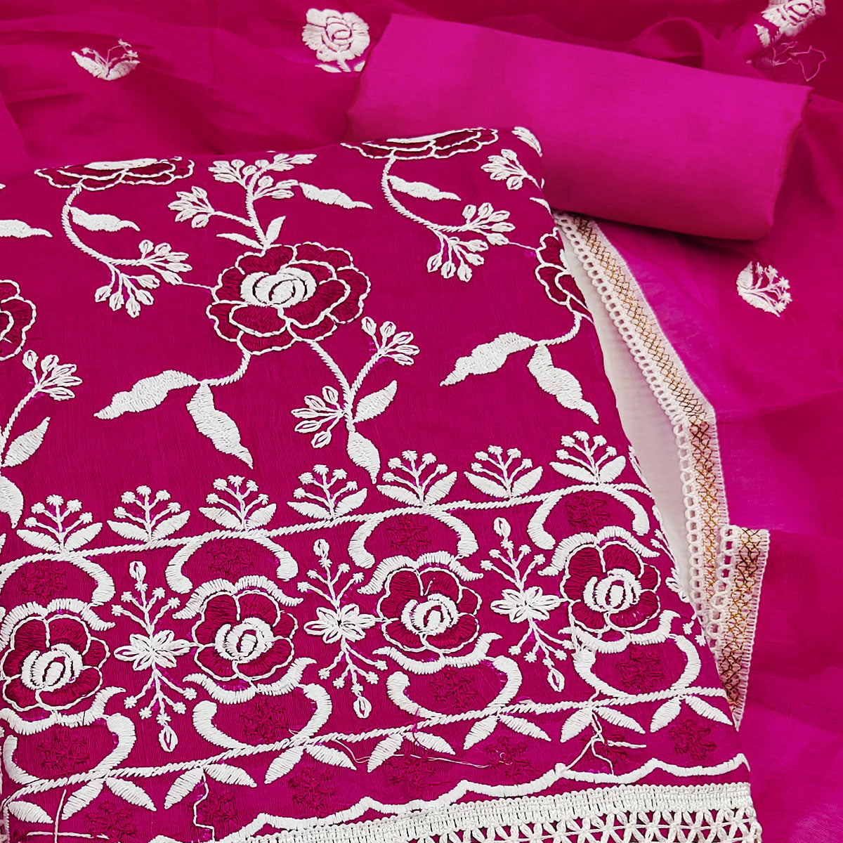 Dark Pink Embroidered Chanderi Cotton Suit Fabric with Floral Detailing