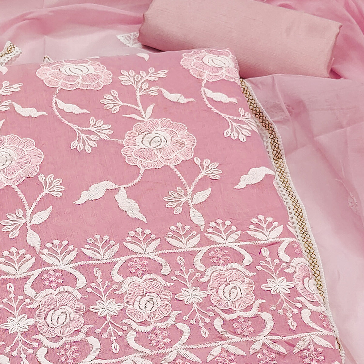 Pink Embroidered Chanderi Cotton Suit Fabric with Floral Detailing