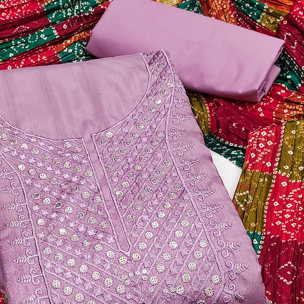 Light Purple Cotton Blend Suit Material with Soft Floral Embroidery