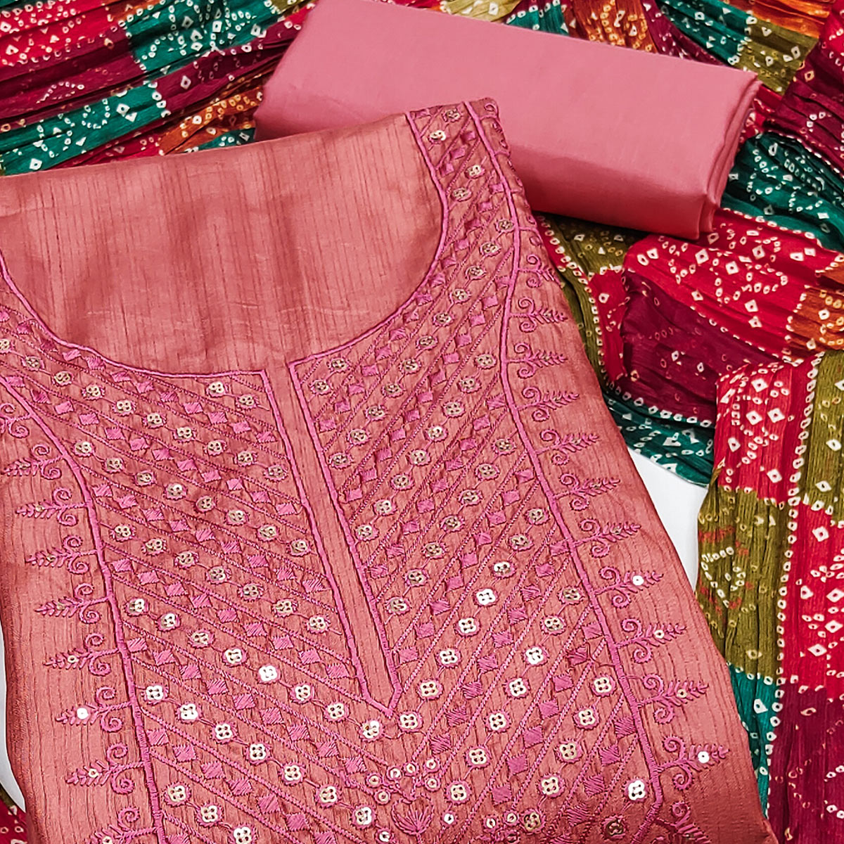 Pink Cotton Blend Suit Material with Soft Floral Embroidery