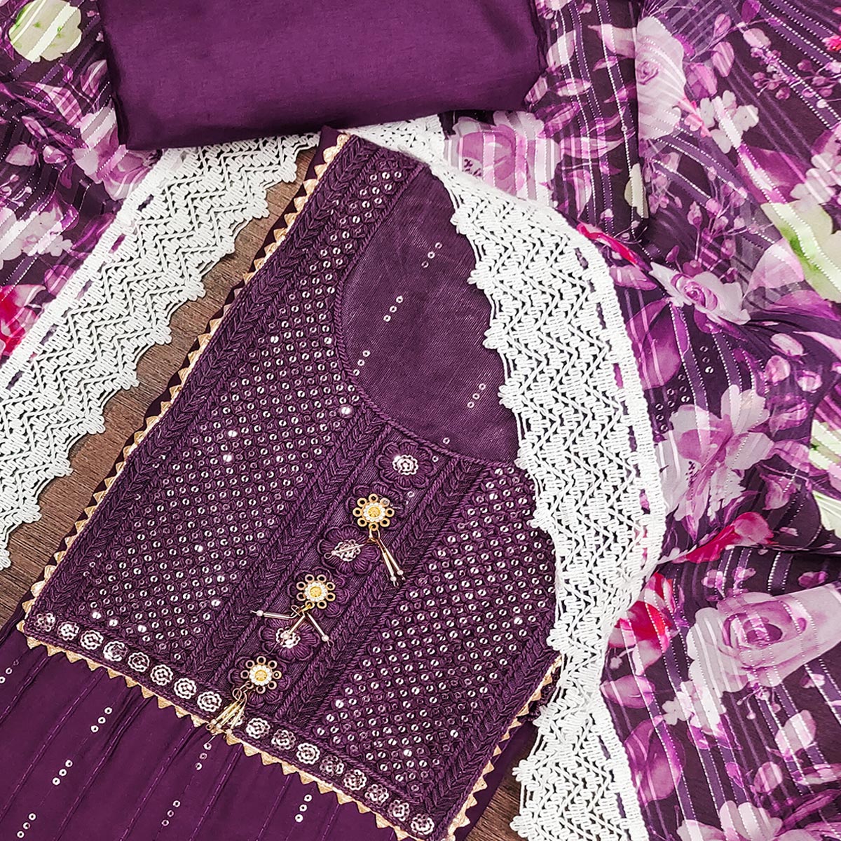 Deep Purple Cotton Blend Suit Material Enhanced with Sequins Embroidery