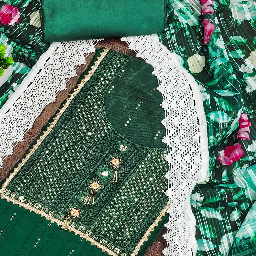 Green Cotton Blend Suit Material Enhanced with Sequins Embroidery