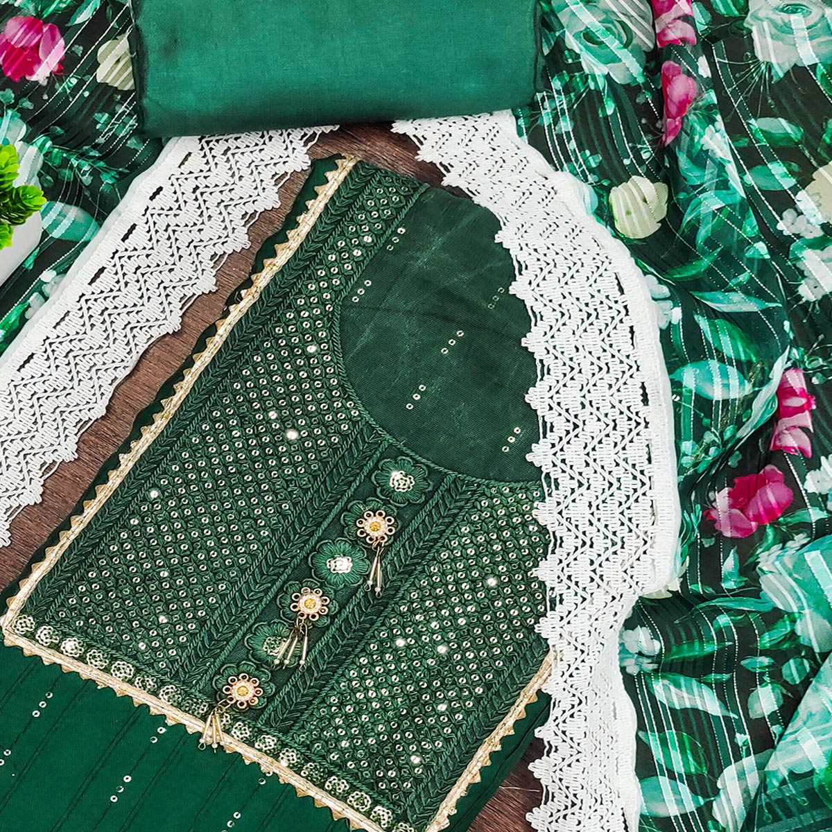 Green Cotton Blend Suit Material Enhanced with Sequins Embroidery