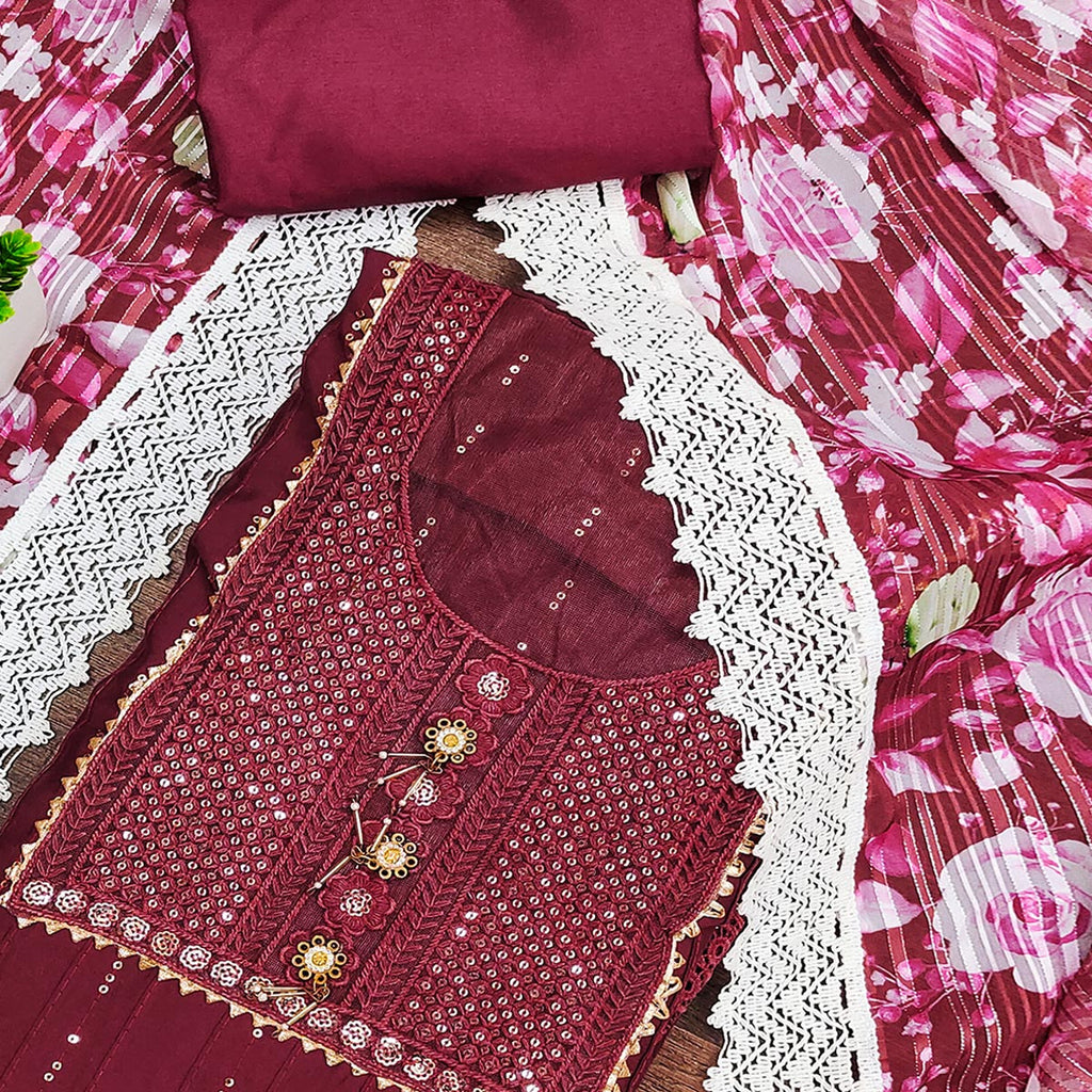 Maroon Cotton Blend Suit Material Enhanced with Sequins Embroidery