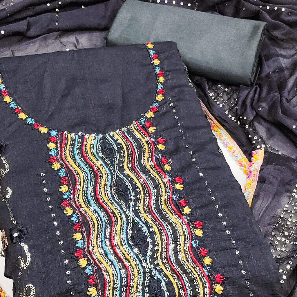 Festive Dark Grey Dress Material in Vichitra Silk with Sequin Highlights