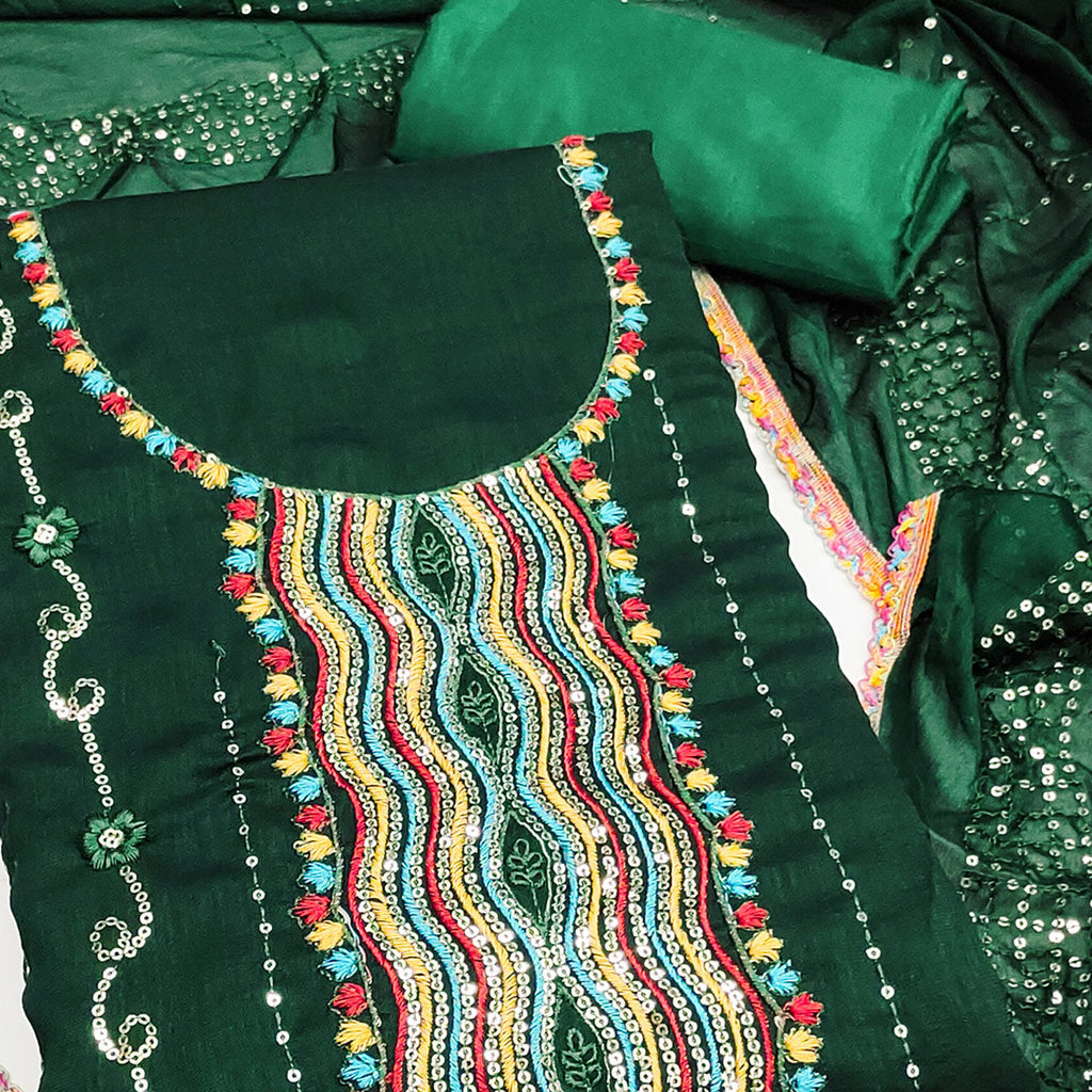 Festive Green Dress Material in Vichitra Silk with Sequin Highlights